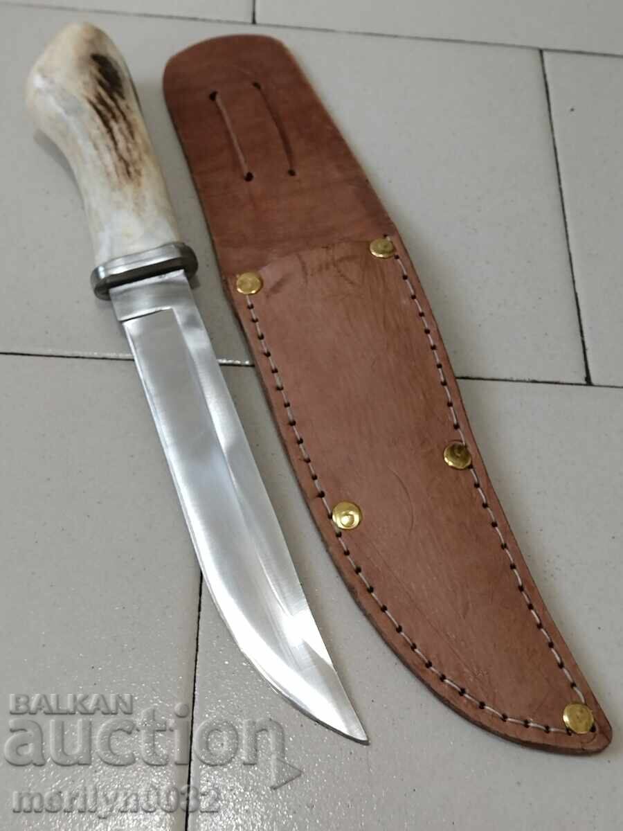 Hunting knife with sheath, deer antler handle