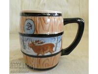 Cană butoi cu Cerb porțelan vechi bulgăresc Kitka Novi Pazar