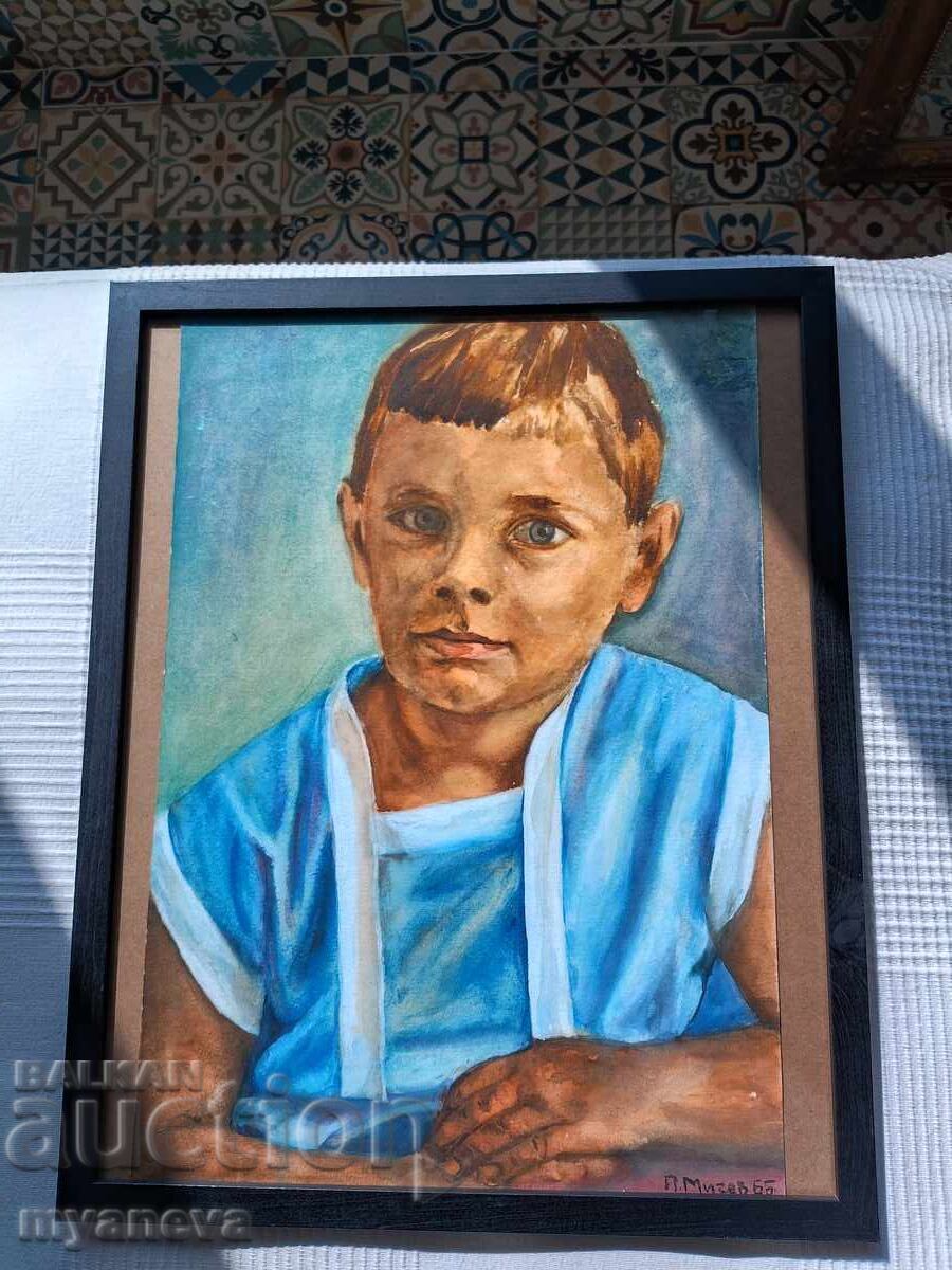 Auction  Old painting, portrait of a boy with watercolors