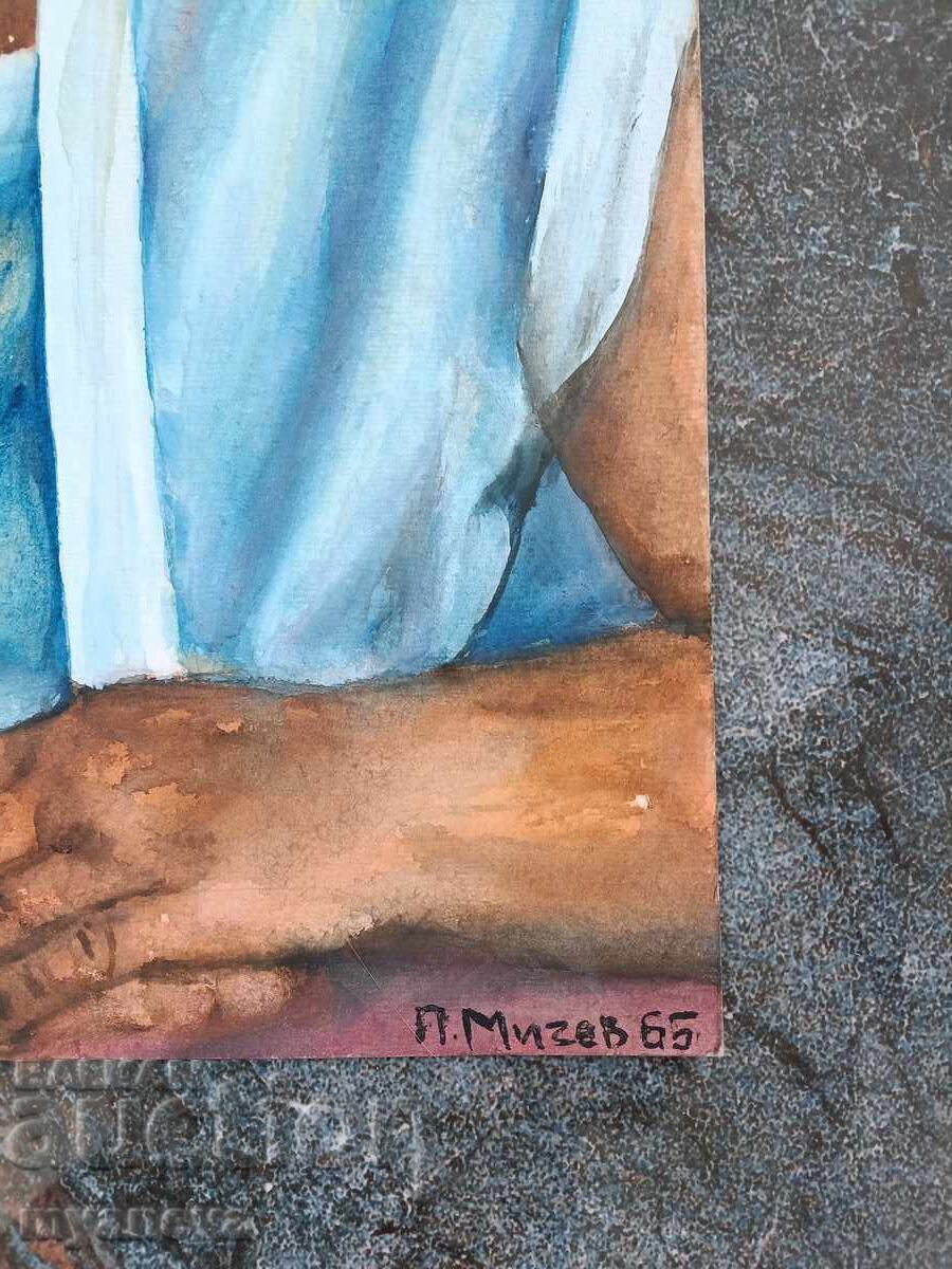 Tablou vechi, portret de băiat cu acuarelă - 5