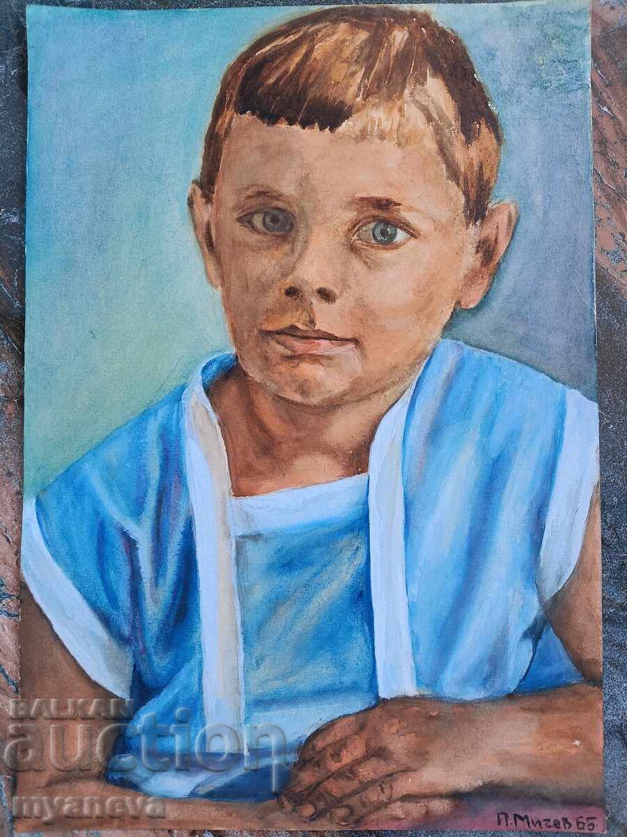 Tablou vechi, portret de băiat cu acuarelă - 6