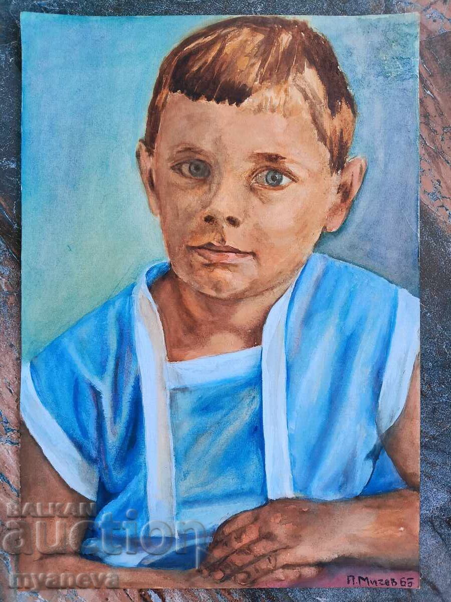 Tablou vechi, portret de băiat cu acuarelă