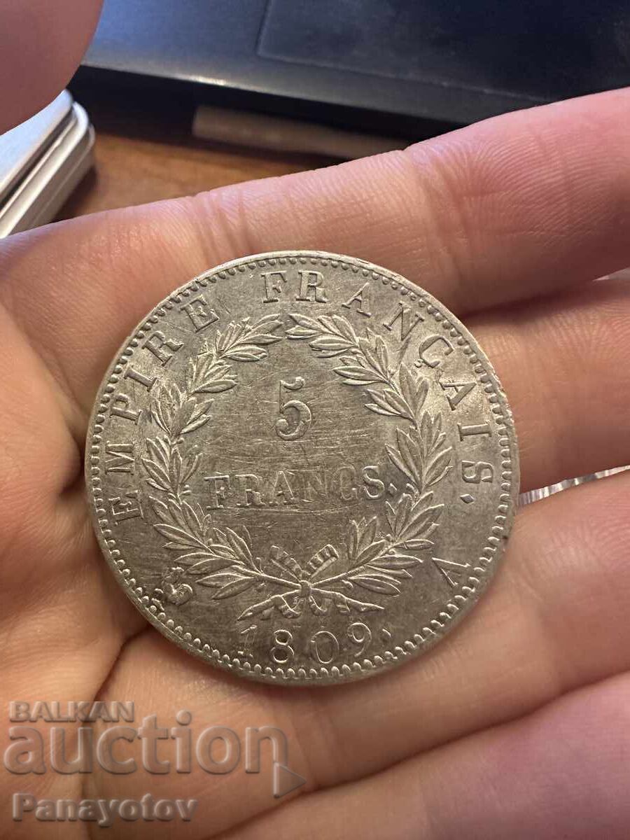 5 Francs Napoleon I 1809, Stamped, Glossy, Brilliant, France - 6