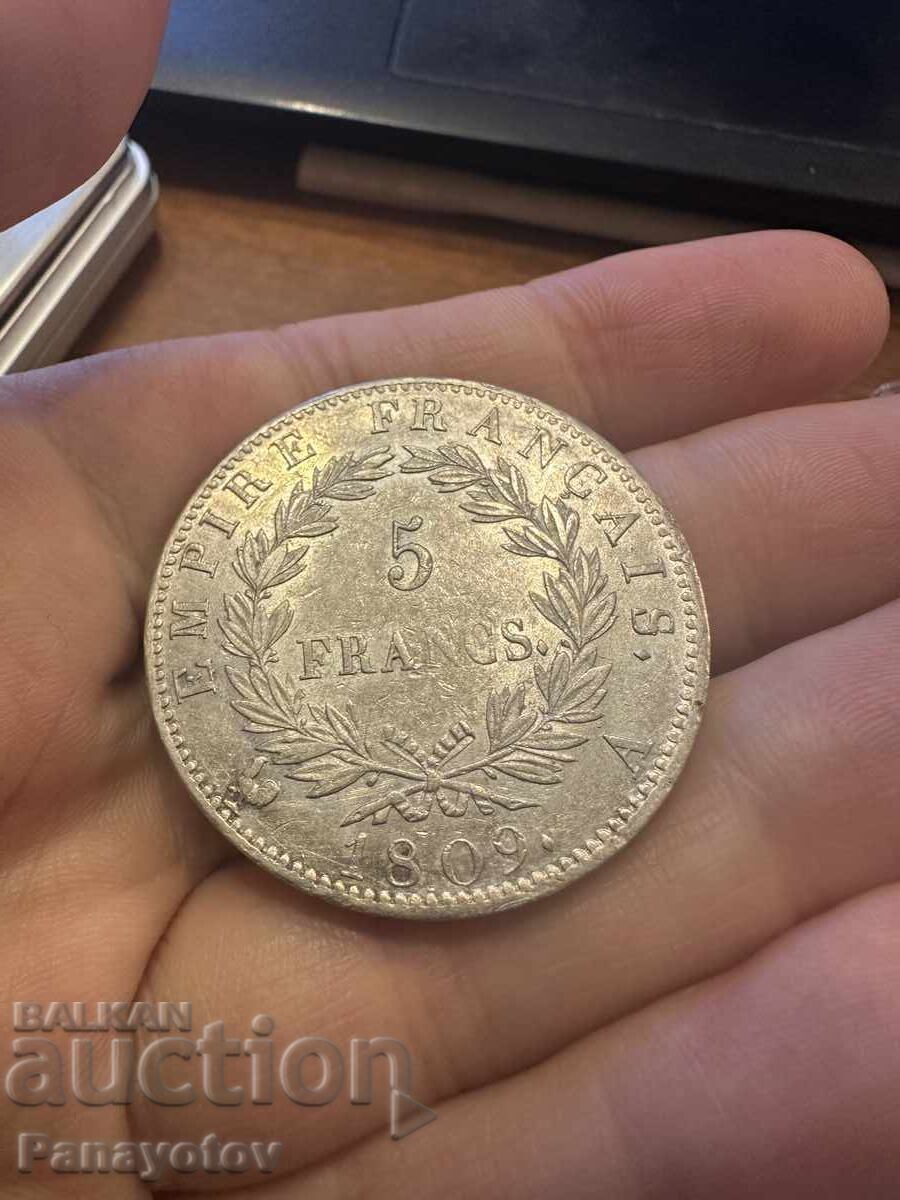 5 Francs Napoleon I 1809, Stamped, Glossy, Brilliant, France - 7