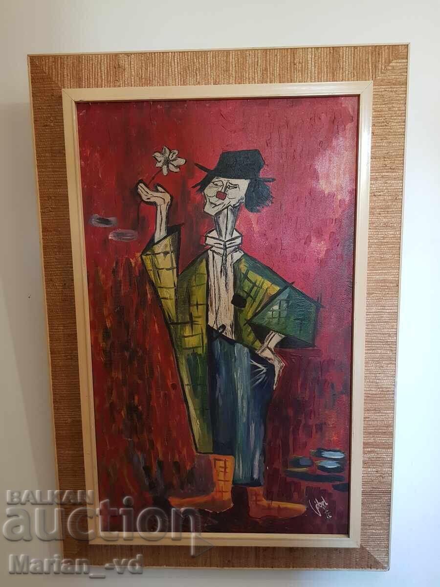 Old painting of a clown, oil/canvas, 1965, signed