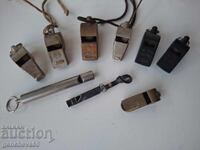 Collection of various old whistles, referee's, for dogs, metal and others