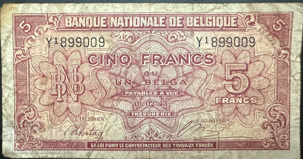 Βέλγιο 5 Φράγκα 1943 Pick 121 Ref 9009 Βέλγιο 5 Φράγκα 1943 Pick 121 Ref 9009