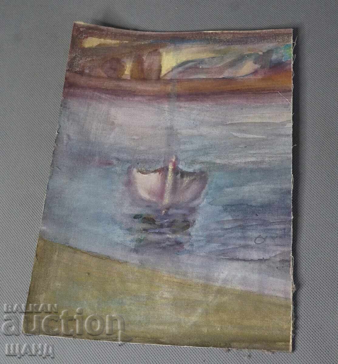 Παλιά Μαεστρική ζωγραφιά ακουαρέλα θαλασσινό τοπίο βάρκα