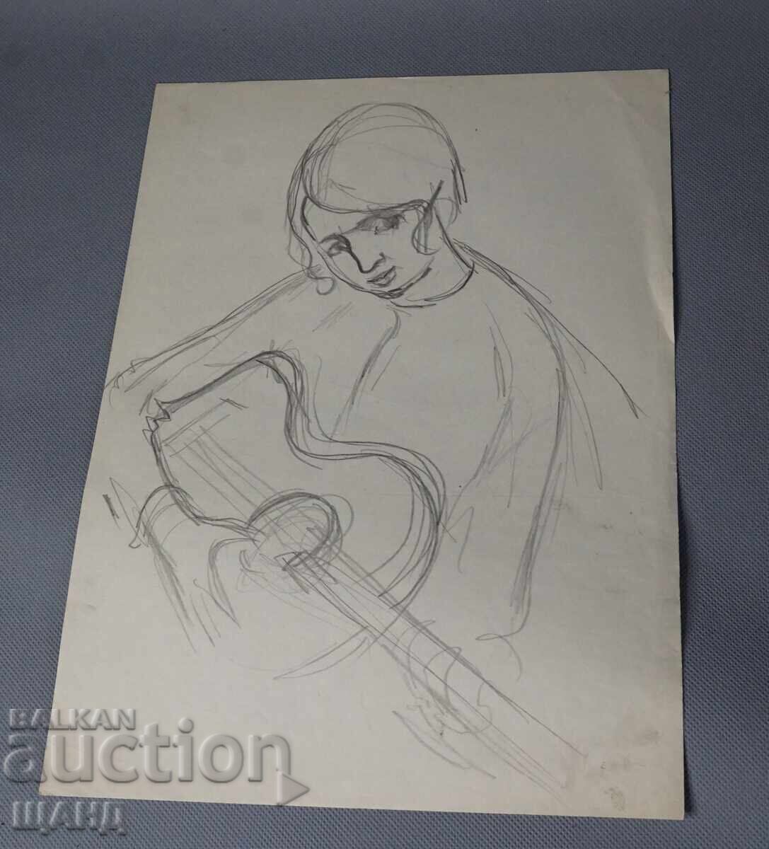 Παλιό αριστούργημα μολύβι πορτρέτο γυναίκα κορίτσι με κιθάρα Παλιό αριστούργημα μολύβι πορτρέτο γυναίκα κορίτσι με κιθάρα