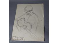 Desen vechi de maestru, desen în creion, portret de femeie, fată cu chitară