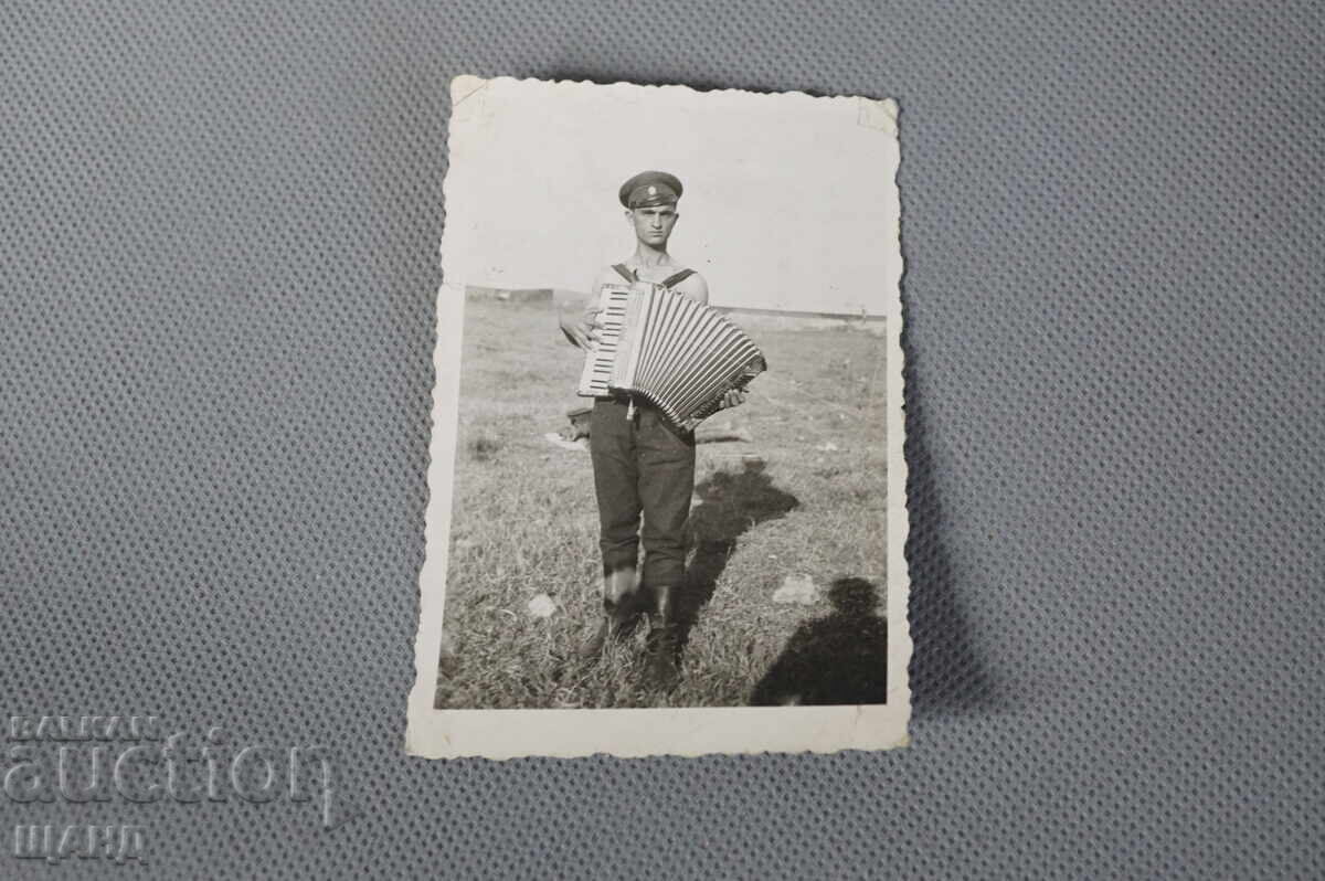 1943 Military Photo: Soldier with Accordion, Boots, Hat 1943 Military Photo: Soldier with Accordion, Boots, Hat