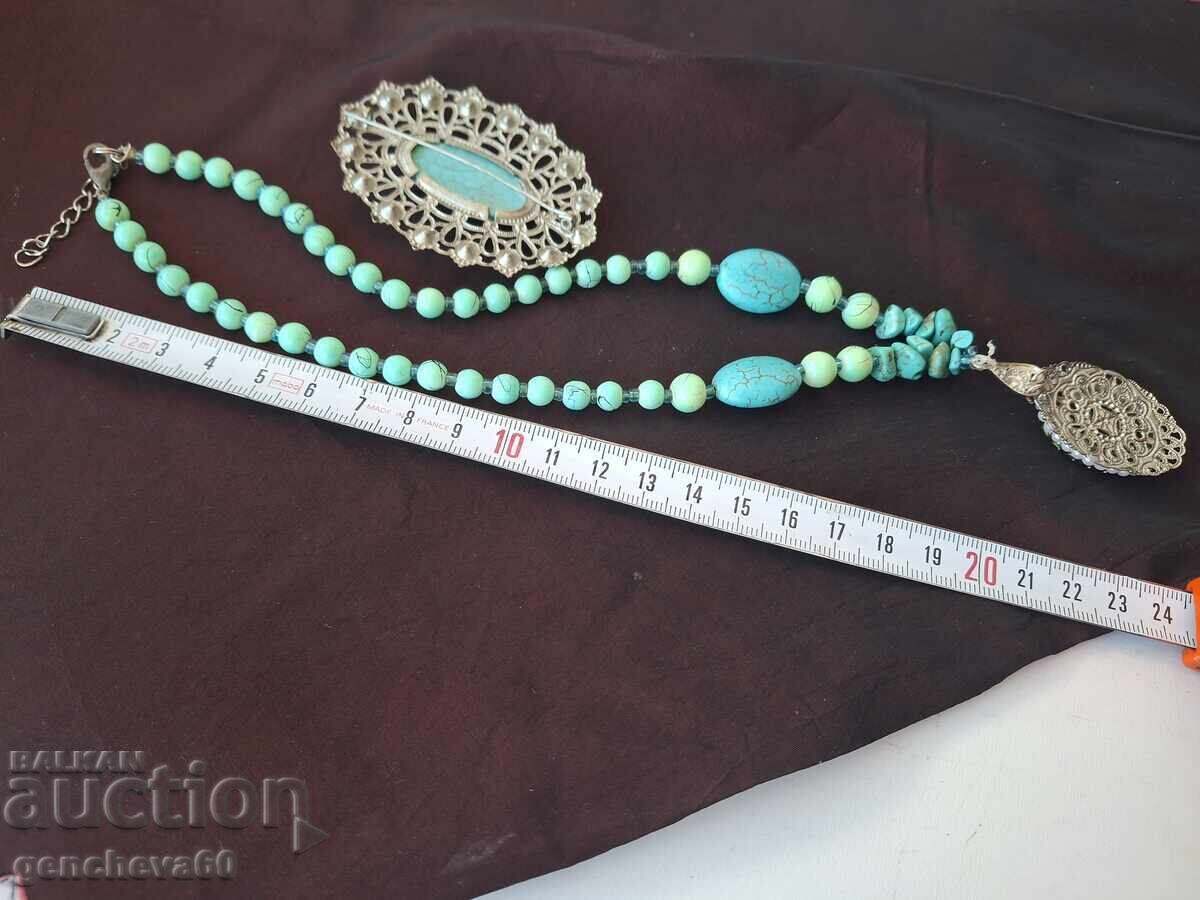 Beautiful old jewelry, turquoise necklace and brooch with price 15.00 BGN | € 7.67