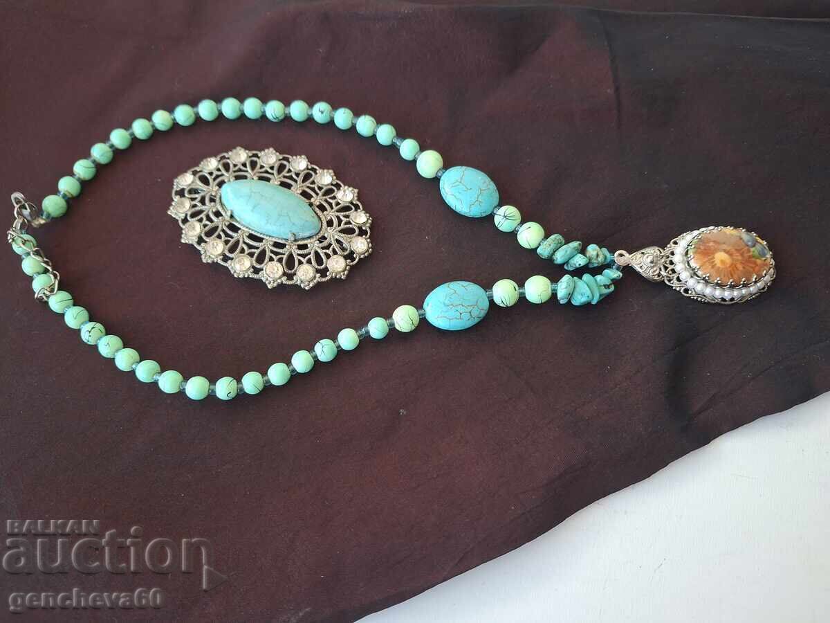 Beautiful old jewelry, turquoise necklace and brooch - 5