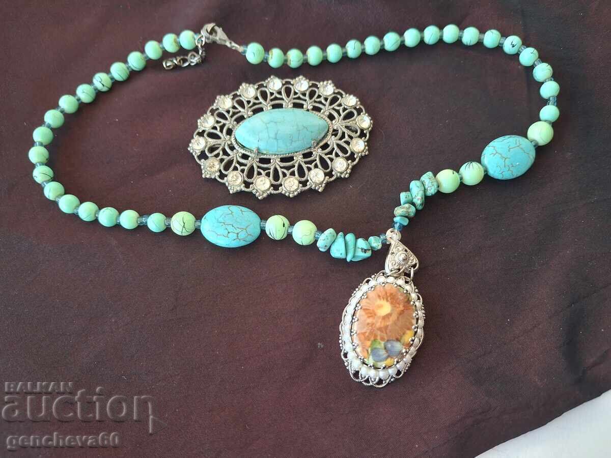 Beautiful old jewelry, turquoise necklace and brooch - 6