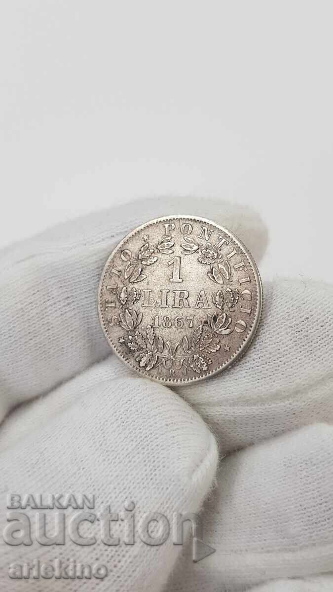 Licitație Monedă rară de argint 1 liră 1867 - Vatican Italia Licitație Monedă rară de argint 1 liră 1867 - Vatican Italia