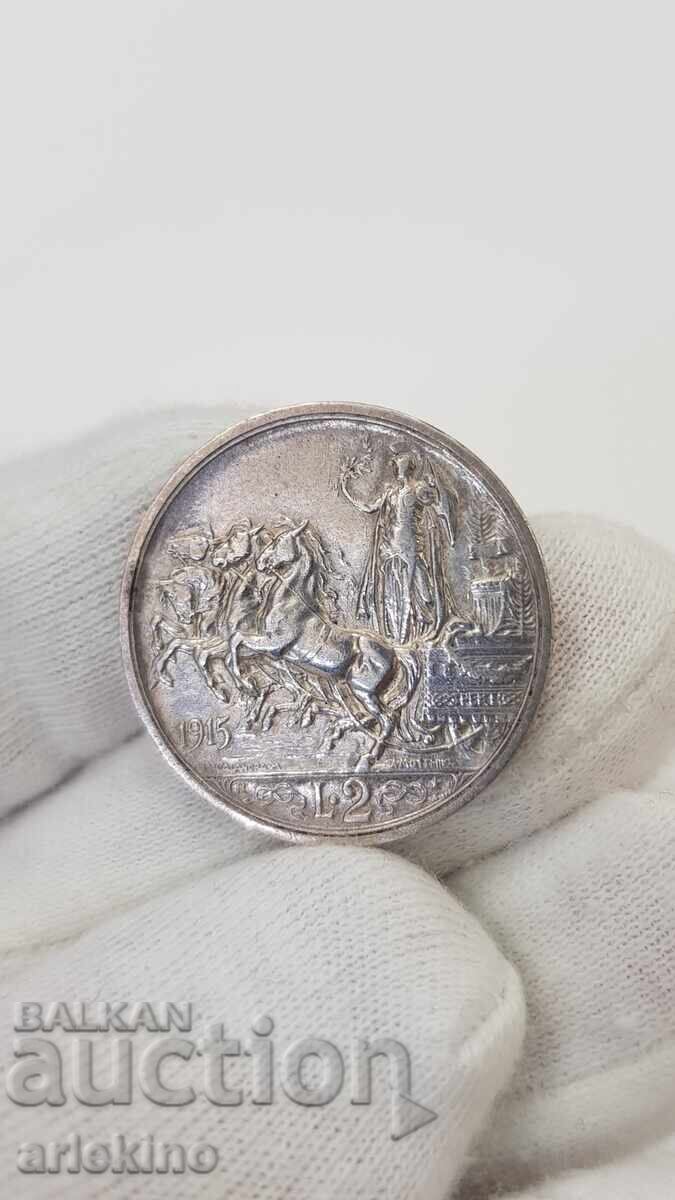 Rare Silver Italian Coin 2 Lire 1915