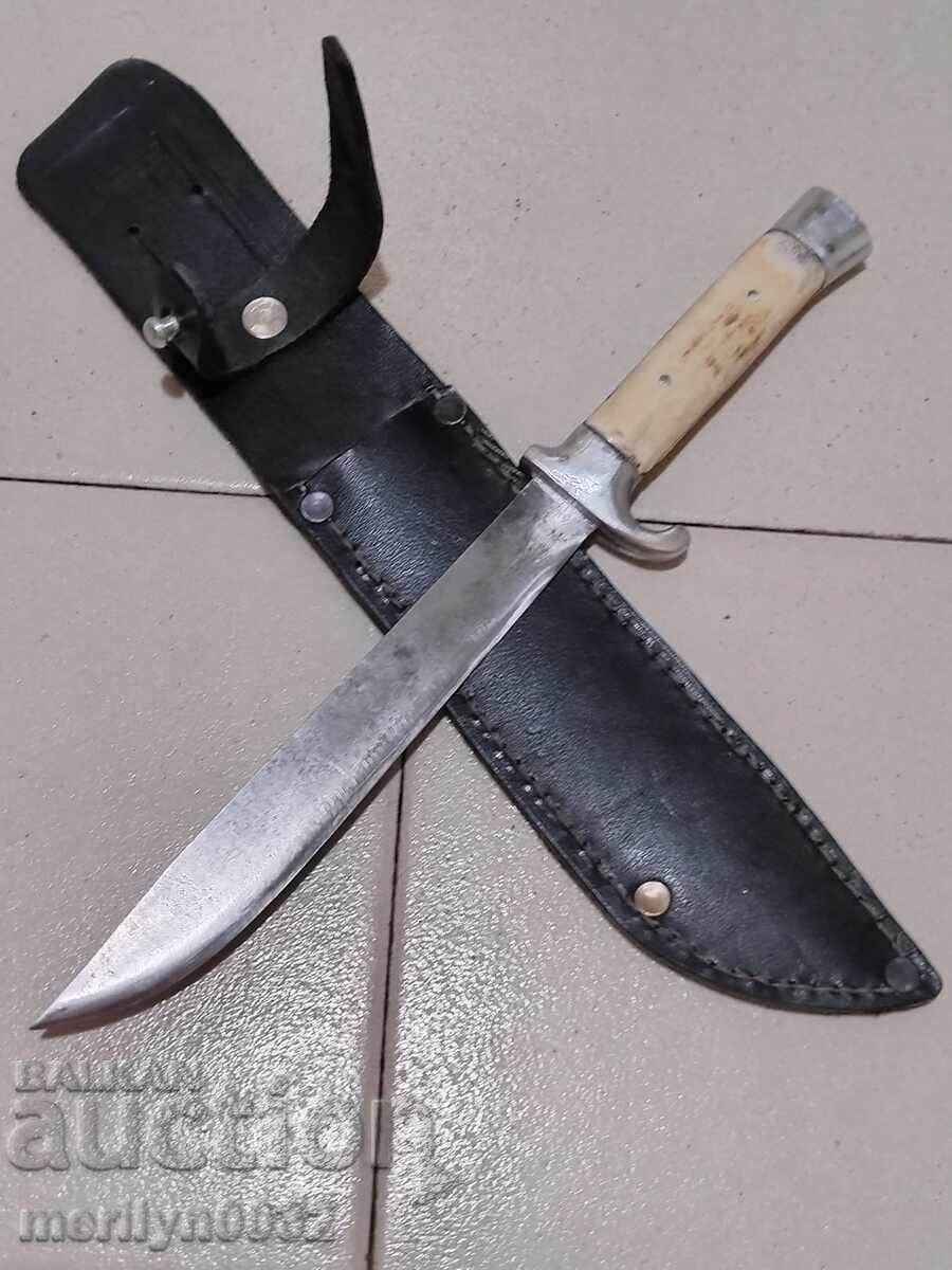 Hunting knife with sheath, deer antler handle, crossguard