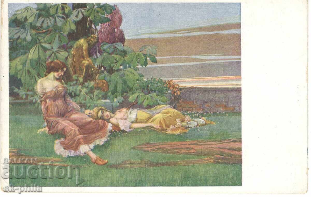 Carte poștală veche - P. Hrubi, Fete odihnindu-se