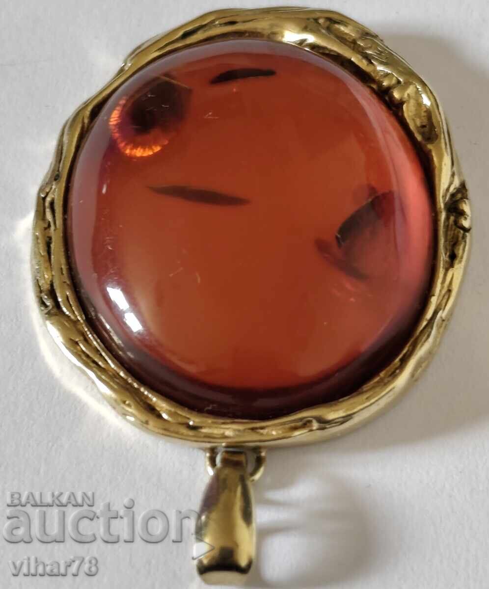 Silver pendant with gold plating and amber - 6