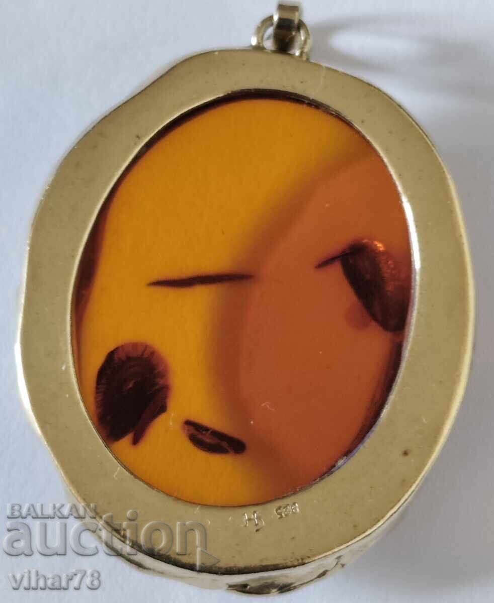 Silver pendant with gold plating and amber - 7
