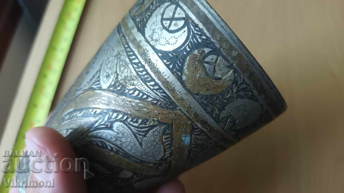 Οθωμανικό φλιτζάνι, κανάτα, επιχρύσωση, σμάλτο, 3 χρώματα, μπρούτζος, χαρακτικά