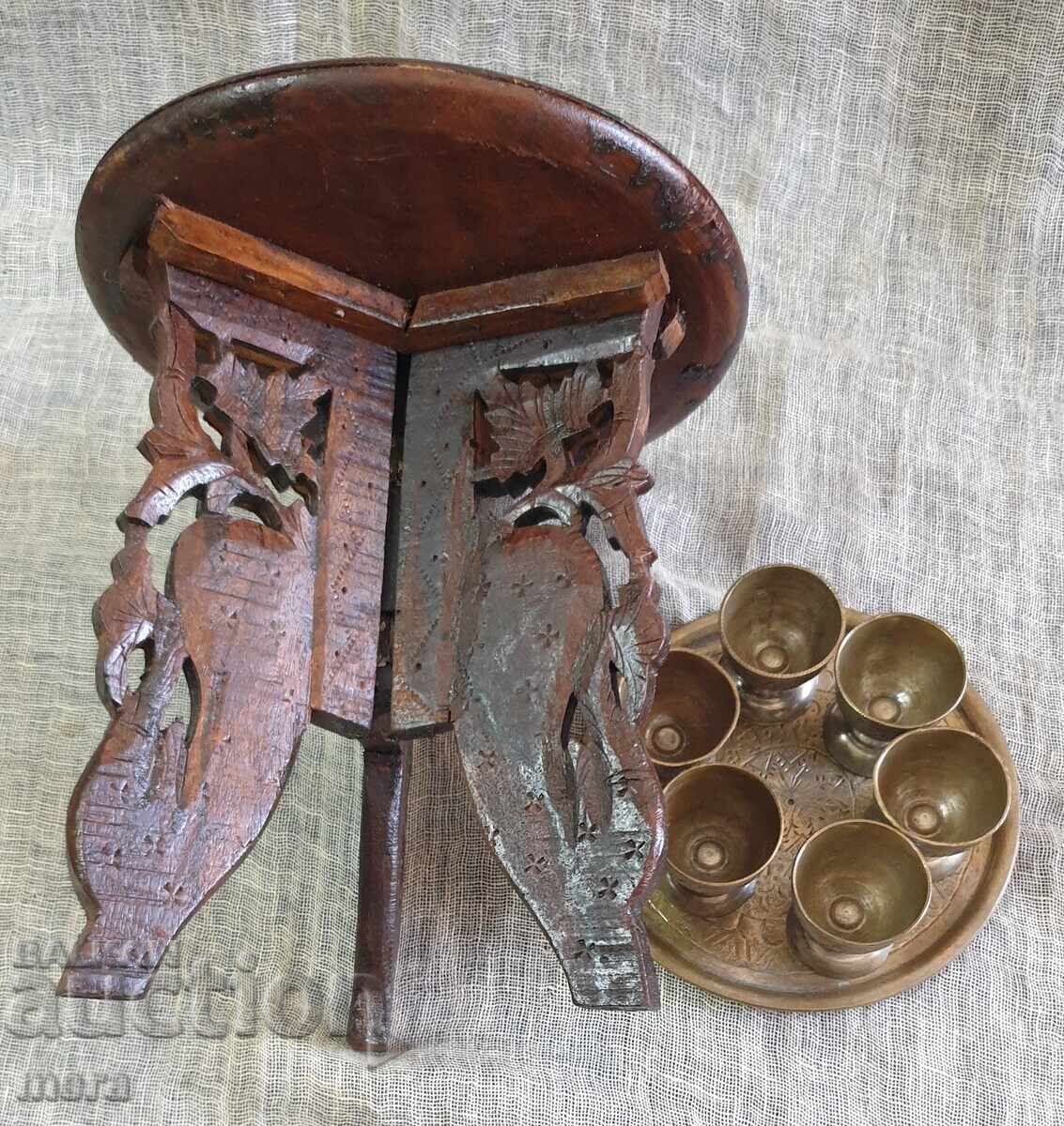 Old Arabic wooden table and set of hand-forged cups - 5