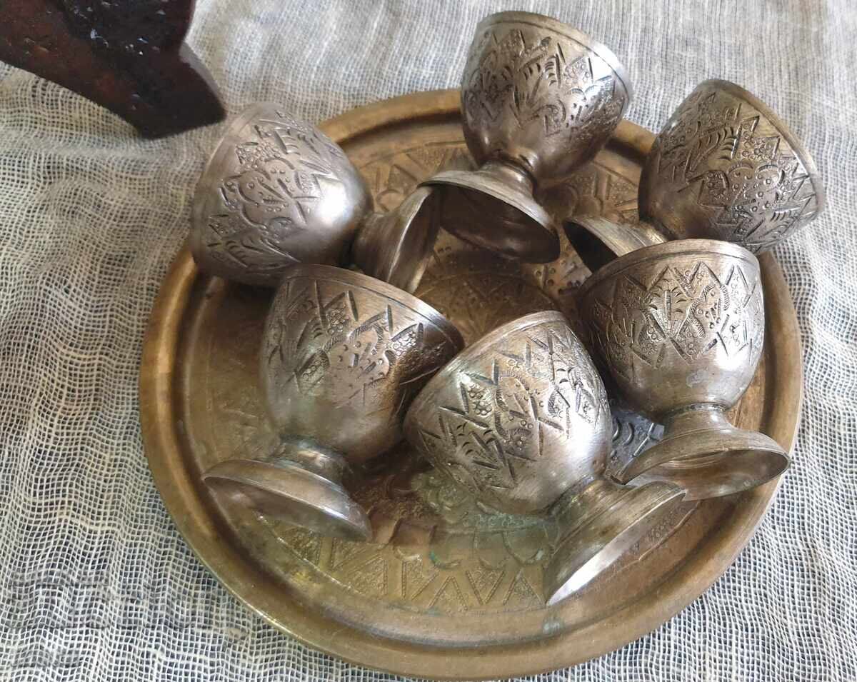 Old Arabic wooden table and set of hand-forged cups - 6