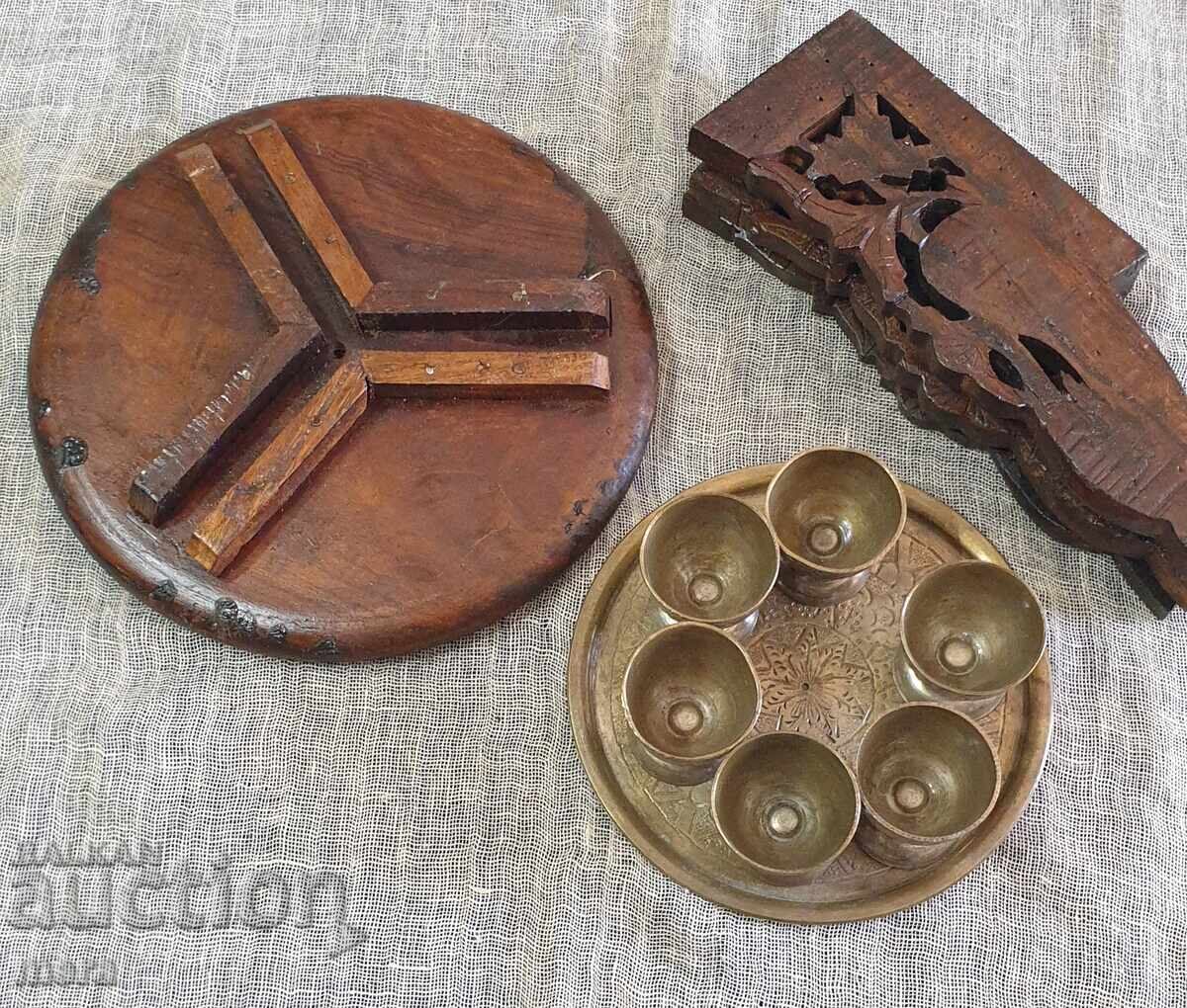 Old Arabic wooden table and set of hand-forged cups - 7