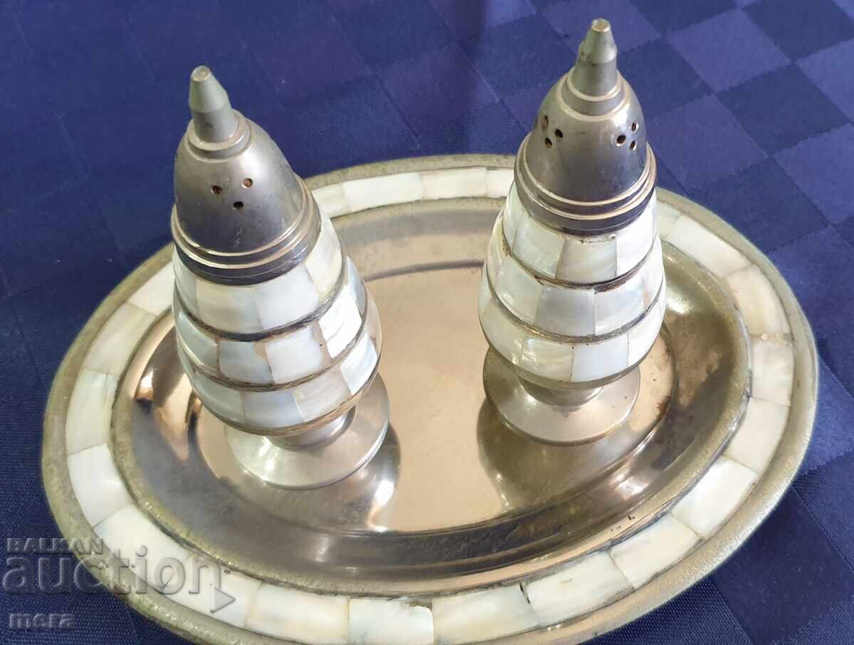 Antique silver-plated salt cellars with a tray with mother-of-pearl ornaments with price 80.00 BGN | € 40.90