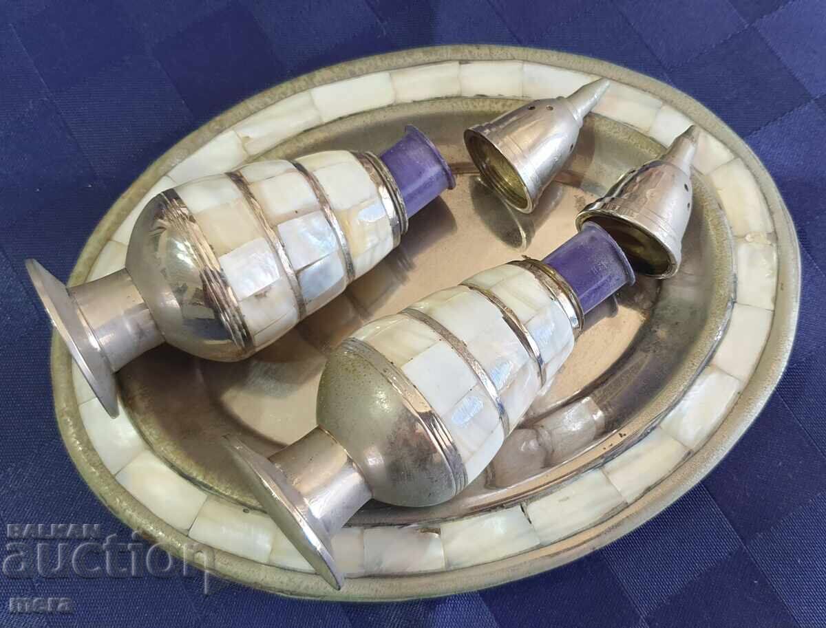 Auction  Antique silver-plated salt cellars with a tray with mother-of-pearl ornaments