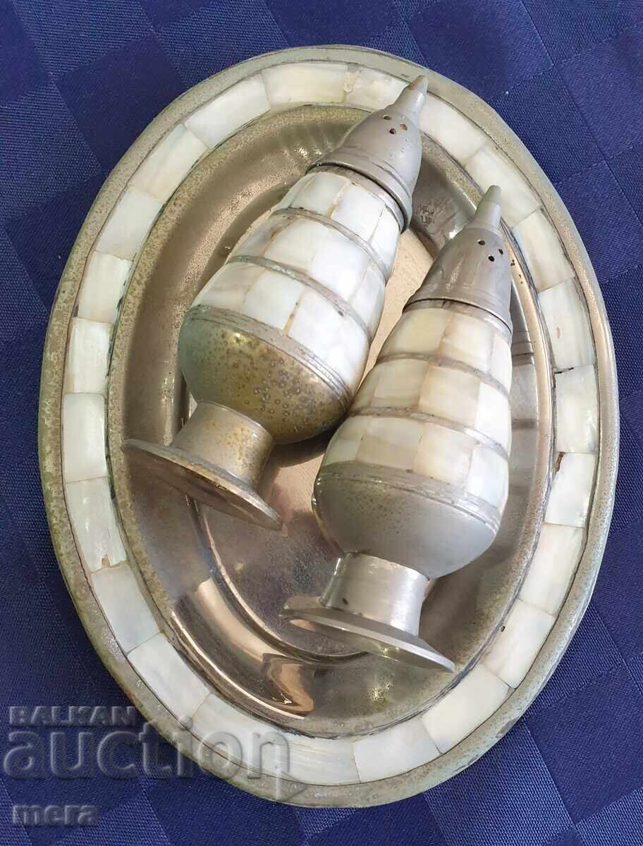Antique silver-plated salt cellars with a tray with mother-of-pearl ornaments - 5