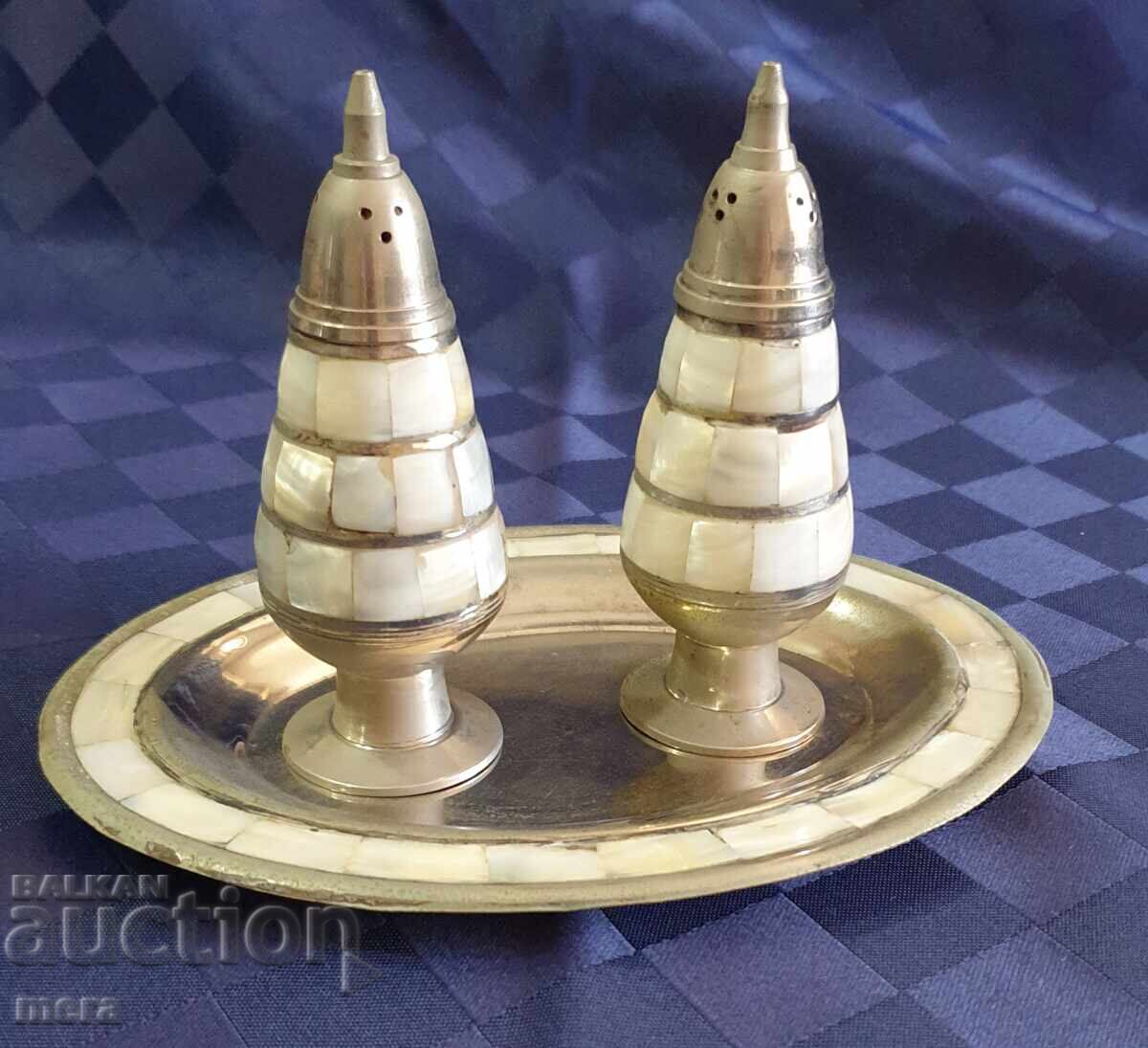 Antique silver-plated salt cellars with a tray with mother-of-pearl ornaments