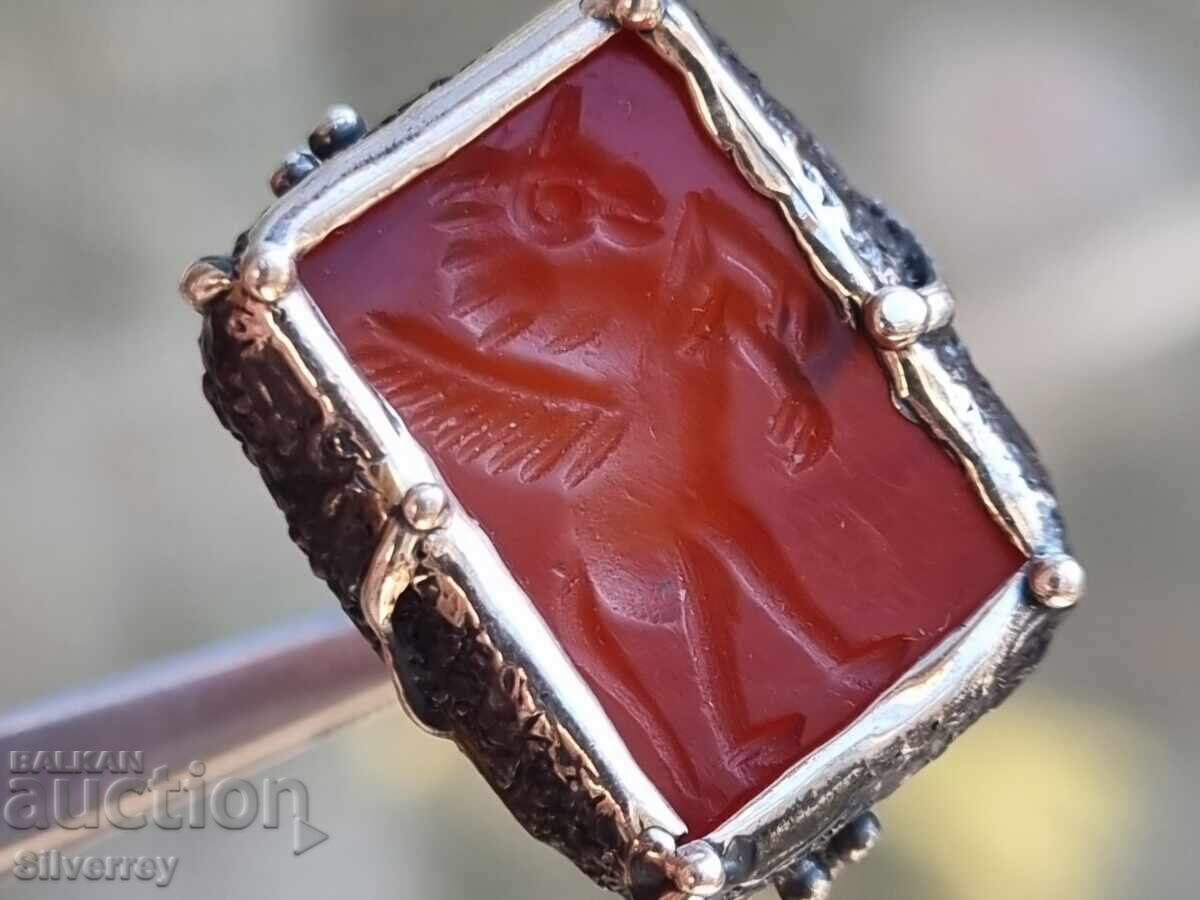 Silver ring intaglio gem carnelian