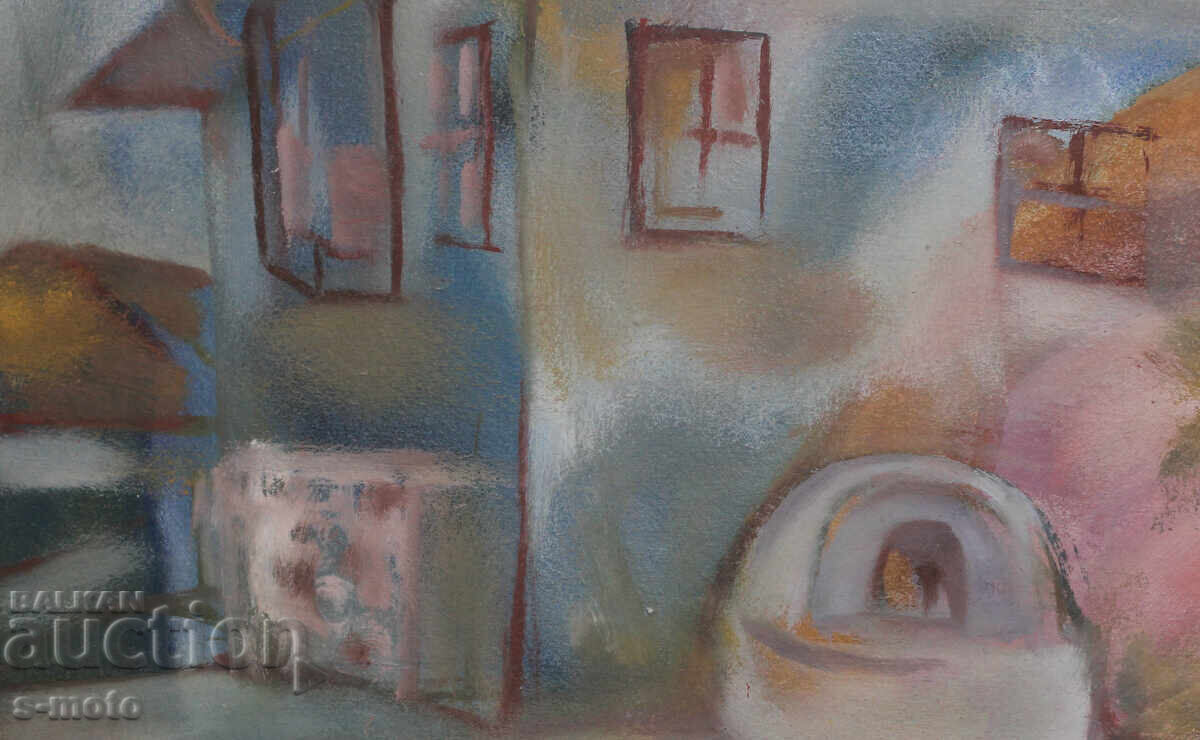 Стара картина гваш градски пейзаж - 7