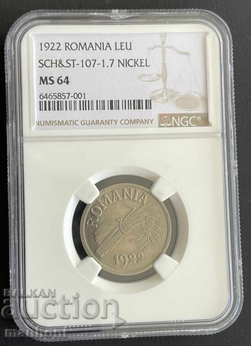 6119 Кралство Румъния монета 1 лея 1922г. Проба МS64 грейд