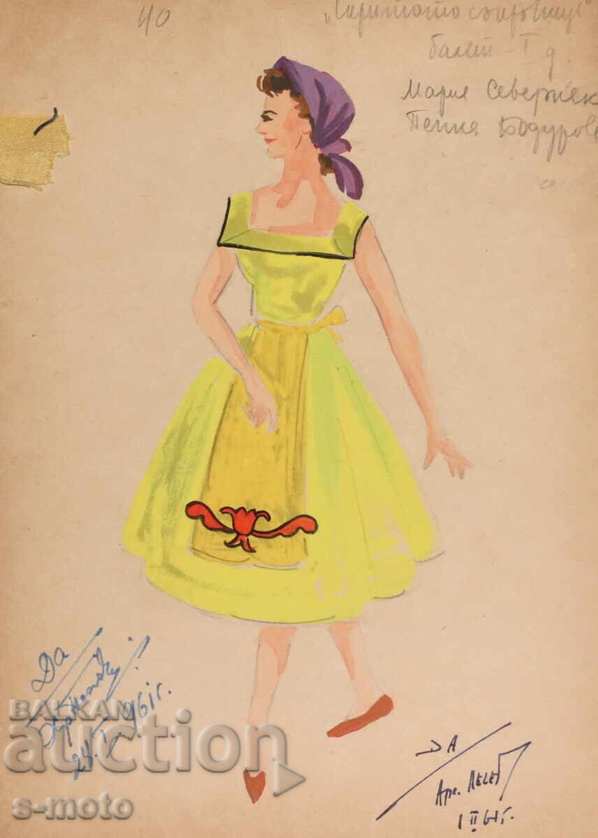 Gouache painting scenography, operetta costume design project 1961