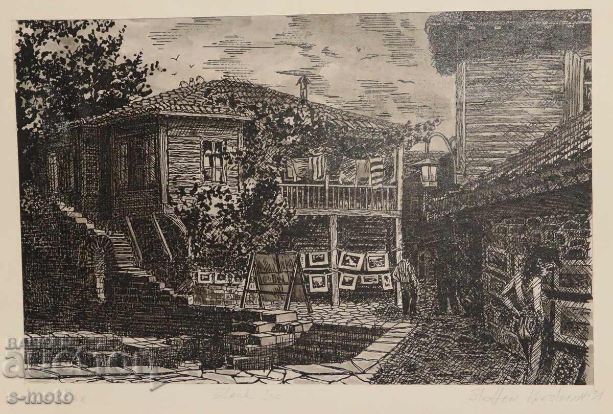 Стефан Кръстанов , Графика, туш , "Несебър"1991г. с цена 100.00 лв. | € 51.13