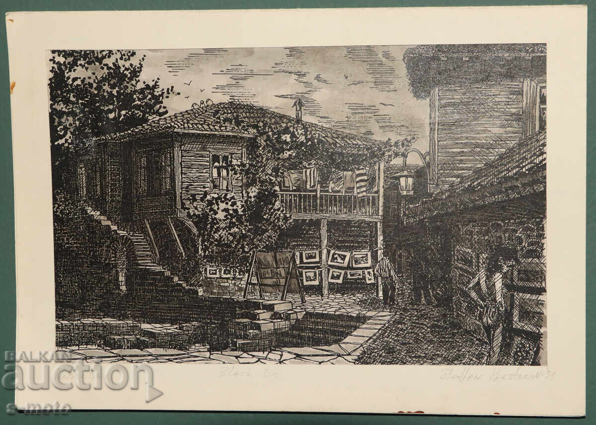 Аукцион Стефан Кръстанов , Графика, туш , "Несебър"1991г.
