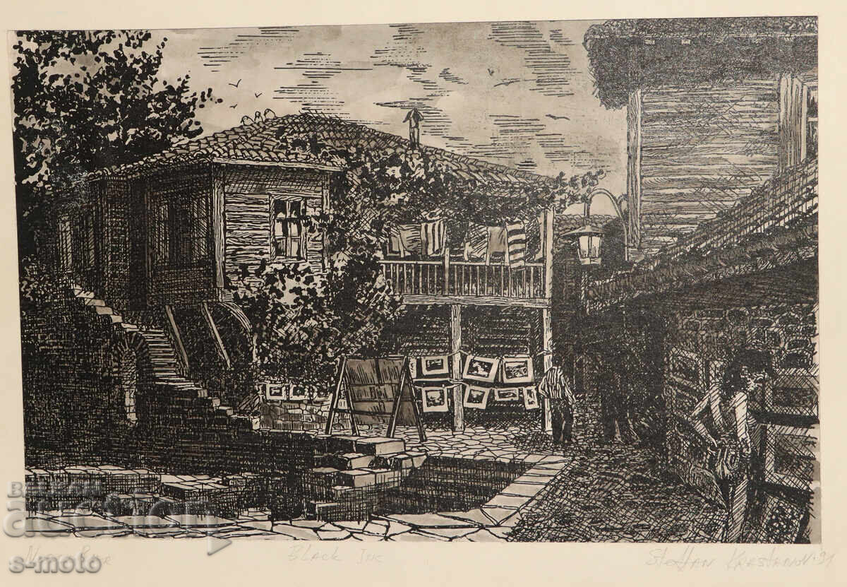 Стефан Кръстанов , Графика, туш , "Несебър"1991г.