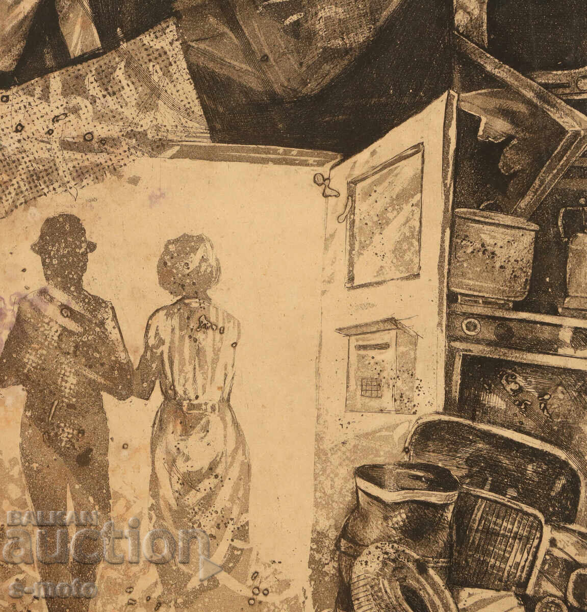 Litografie, tehnică mixtă, compoziție abstractă - 5