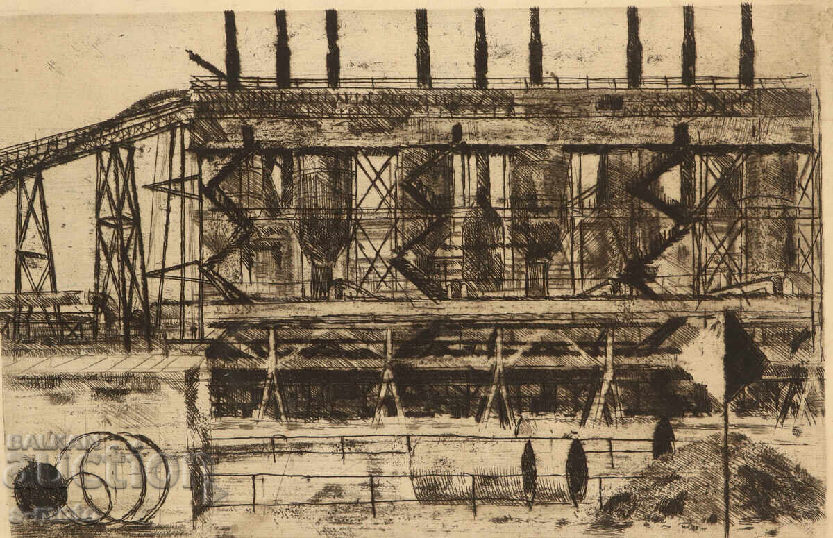 Γραφικά, ξηρή χάραξη, βιομηχανικό τοπίο με τιμή 150.00 BGN | € 76.69