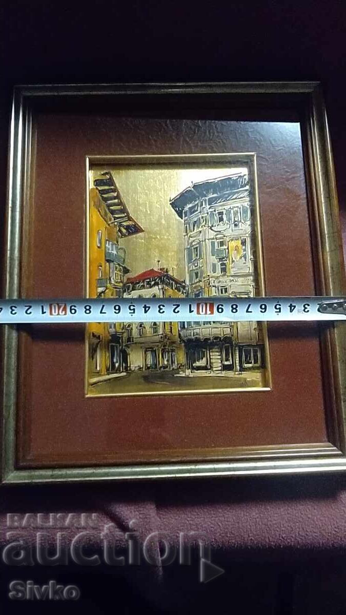 Licitație Tablou pe aur mare cu ramă Peisaj urban