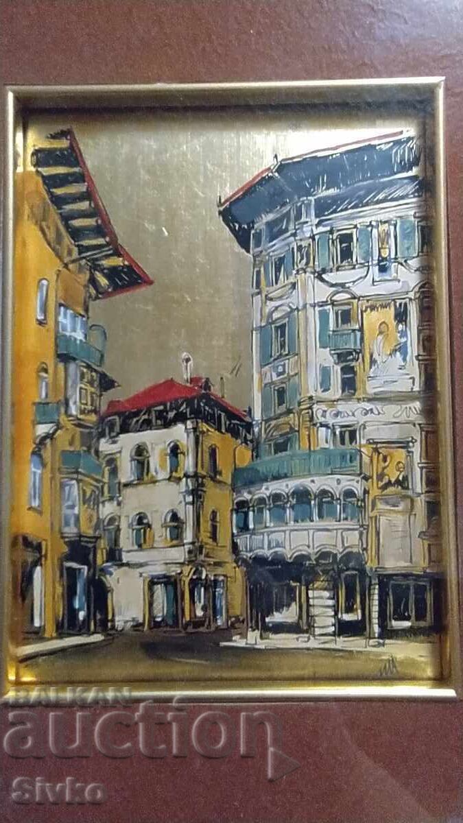 Livrarea Tablou pe aur mare cu ramă Peisaj urban