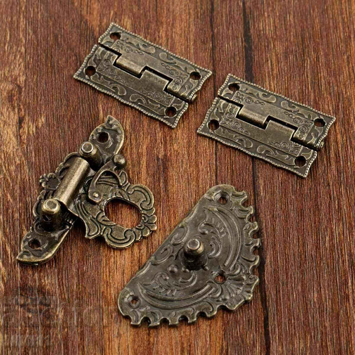 Ρετρό μεντεσέδες + σετ μηχανισμού κλεισίματος, Vintage μπρονζέ με τιμή 11.00 BGN | € 5.62