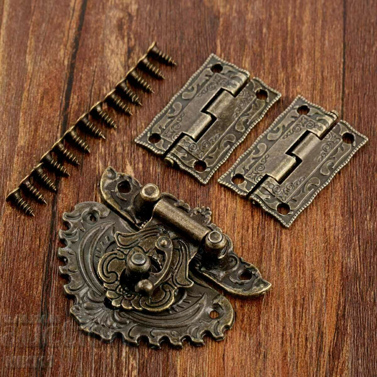 Δημοπρασία Ρετρό μεντεσέδες + σετ μηχανισμού κλεισίματος, Vintage μπρονζέ