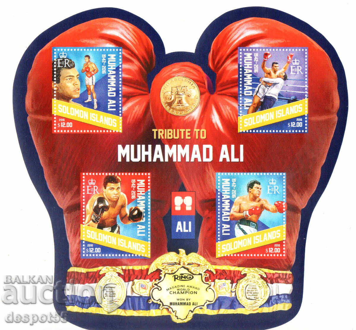 2016. Νήσοι Σολομώντα. Μοχάμεντ Άλι, 1942-2016. Μπλοκ