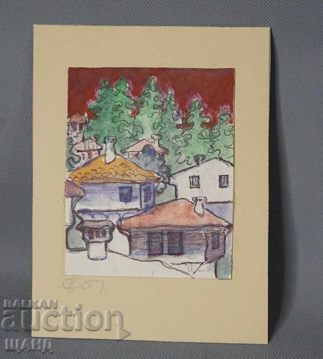 Old Master Drawing Watercolor Painting Landscape Houses Old Master Drawing Watercolor Painting Landscape Houses