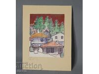 Old Master Drawing Watercolor Painting Landscape Houses