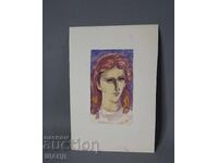 Pictură veche de maestru, acuarelă, portret de fată