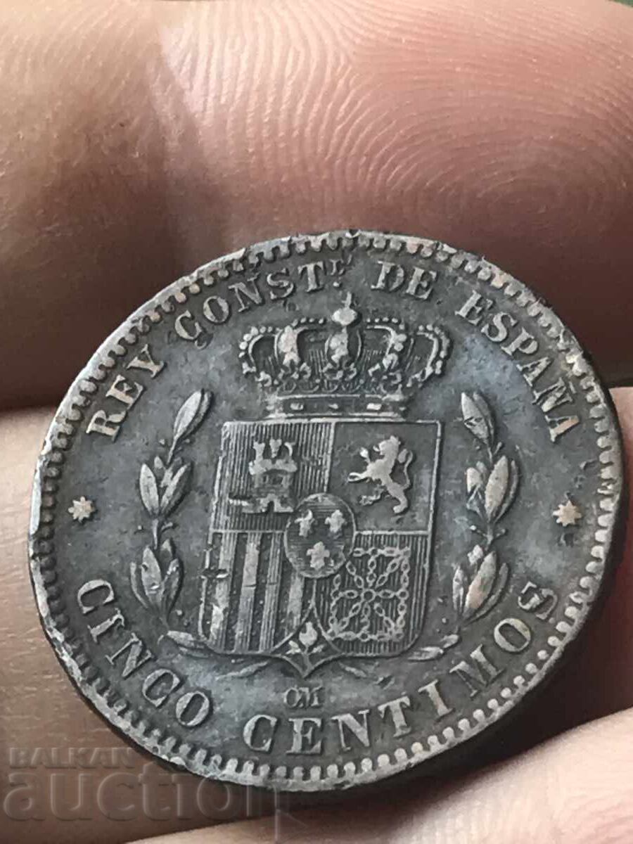 Испания 5 сентимос 1879 Алфонсо XII с цена 14.00 лв. | € 7.16